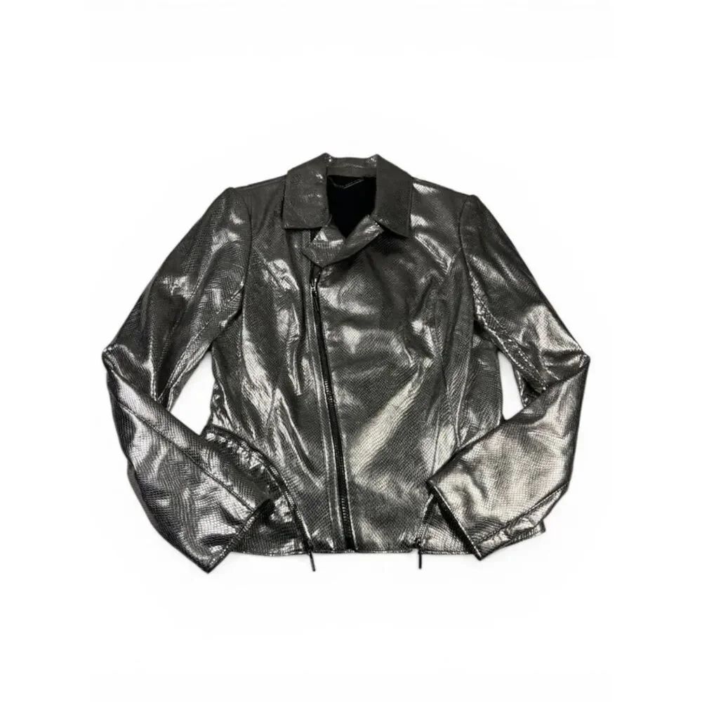 Elie Tahari Emilia Lamb Leather Biker Jacket Edgy Glam Metallic Snakeskin Moto S